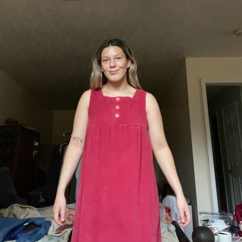 pink corduroy midi dress, unsure of size, most likely a medium or large!
